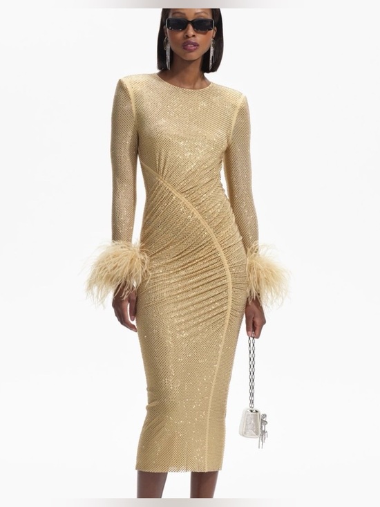 Self-Portrait Dresses & Skirts - Self-Portrait Gold Feather-Cuff Sequin Midi Dress Size 4